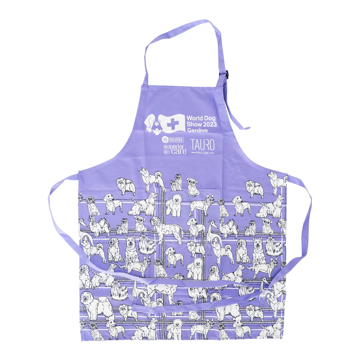 World Dog Show apron for groomers, waterproof, purple, with puppy appliqués