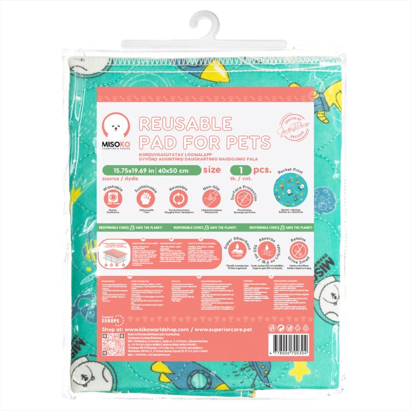 Misoko reusable pad for pets, with rockets, mint colour, 1 pc.
