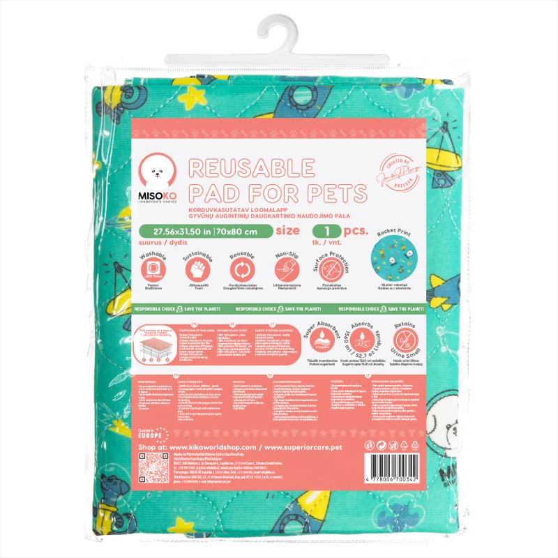 Misoko reusable pad for pets, with rockets, mint colour, 1 pc.
