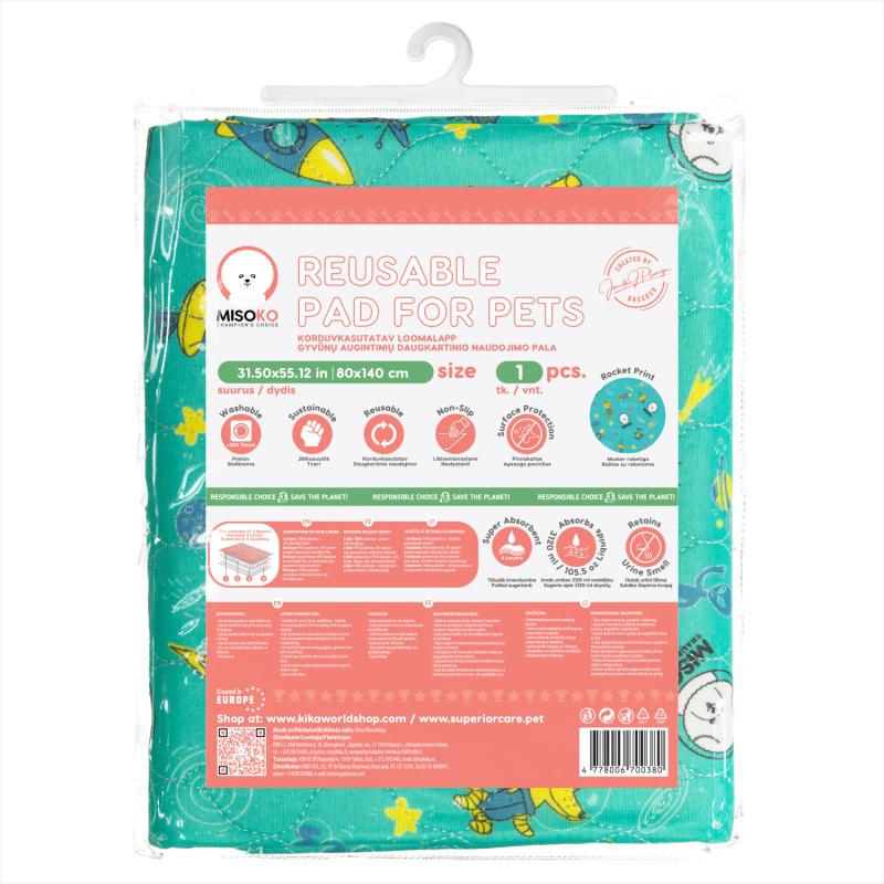 Misoko reusable pad for pets, with rockets, mint colour, 1 pc.
