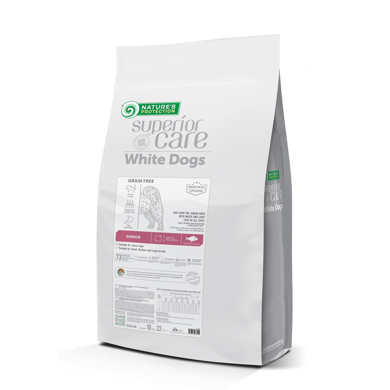Nature's Protection Superior Care dry grain free pet food with white fish for growing dogs of all sizes with white coat