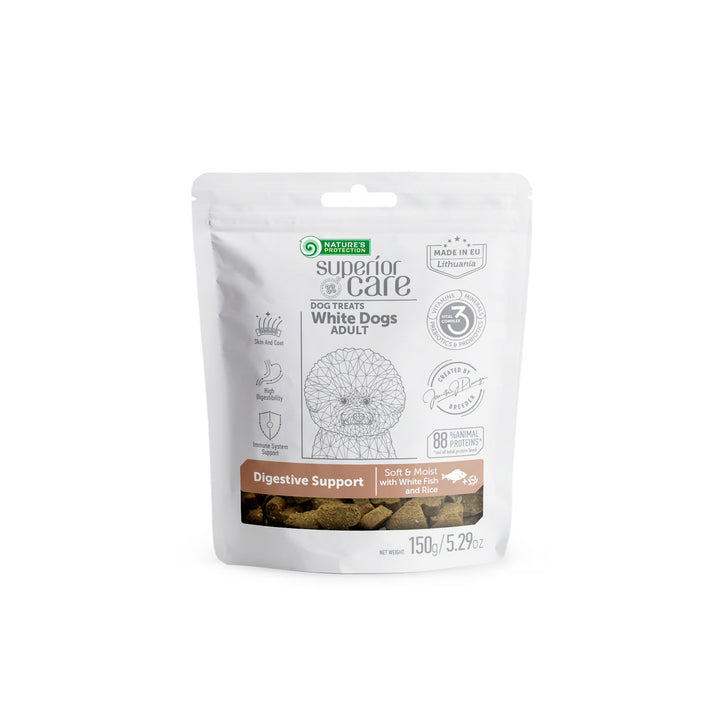 Nature's Protection Superior Care White Dogs is a premium feed supplement with insects and rice, expertly crafted to support a healthy digestive system in adult dogs with white coats - SuperiorCare.Pet