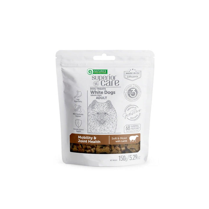 Nature's Protection Superior Care White Dogs, our exceptional food supplements are enriched with lamb, specially designed to support mobility and promote healthy joints in adult dogs with white coats - SuperiorCare.Pet