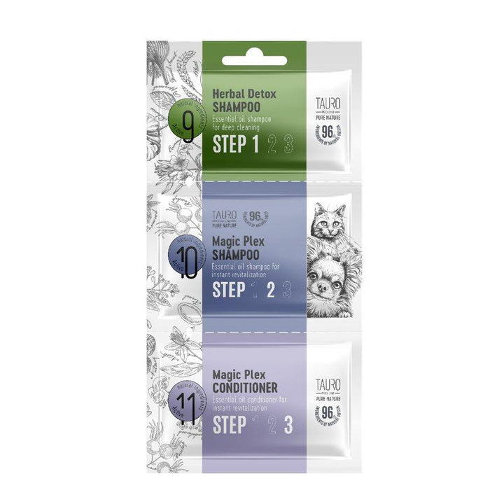 Tauro Pro Line - Pure Nature Herbal Detox + Magic-Plex dog and cat coat shampoo and conditioner sample set - SuperiorCare.Pet